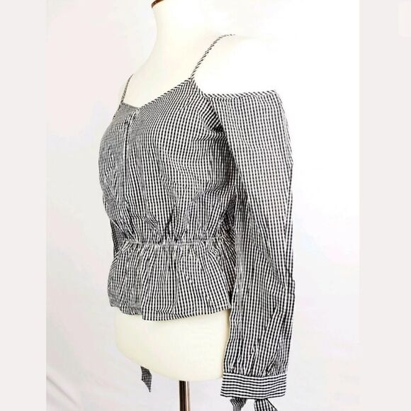Say What Cropped Cold Shoulder Top SZ S Gingham - Picture 2 of 4